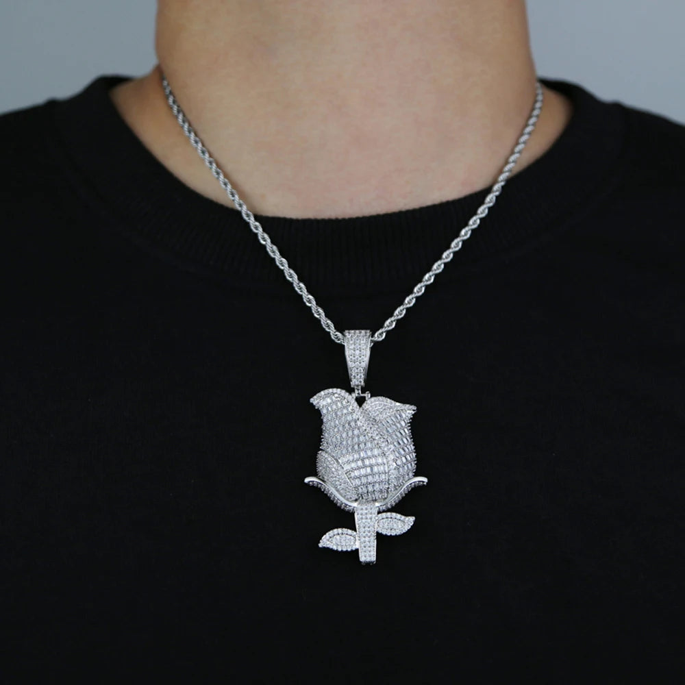 New Iced Out Bling Rose Flower Pendant Necklace For Women Men Gold Color Prong Setting Cubic Zirconia Charm Hip Hop Jewelry