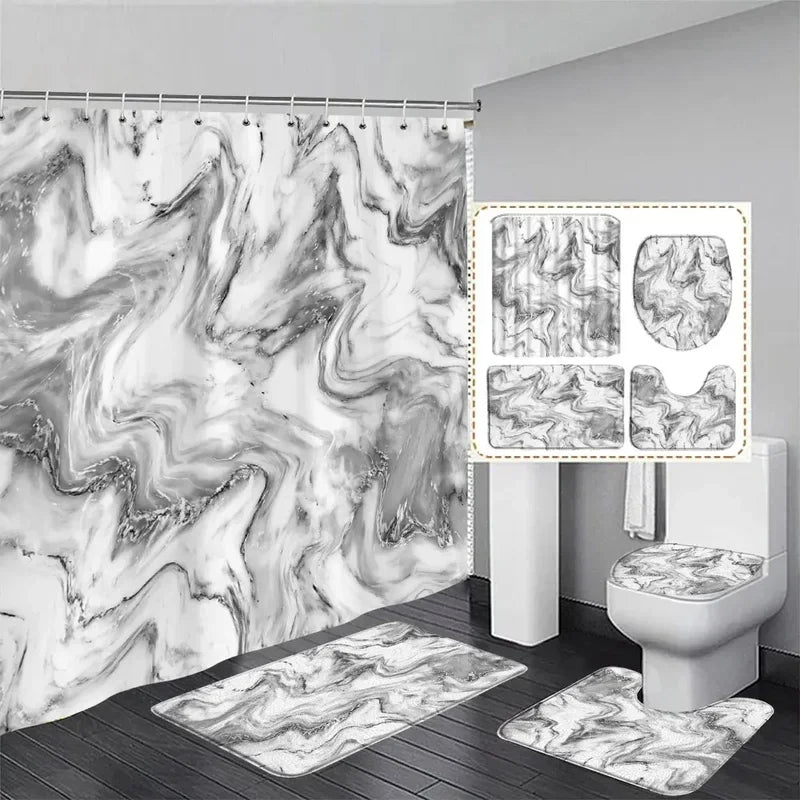 Marble free flow metal swirl texture shower curtain rug set natural luxury abstract fluid texture waterproof shower curtains set