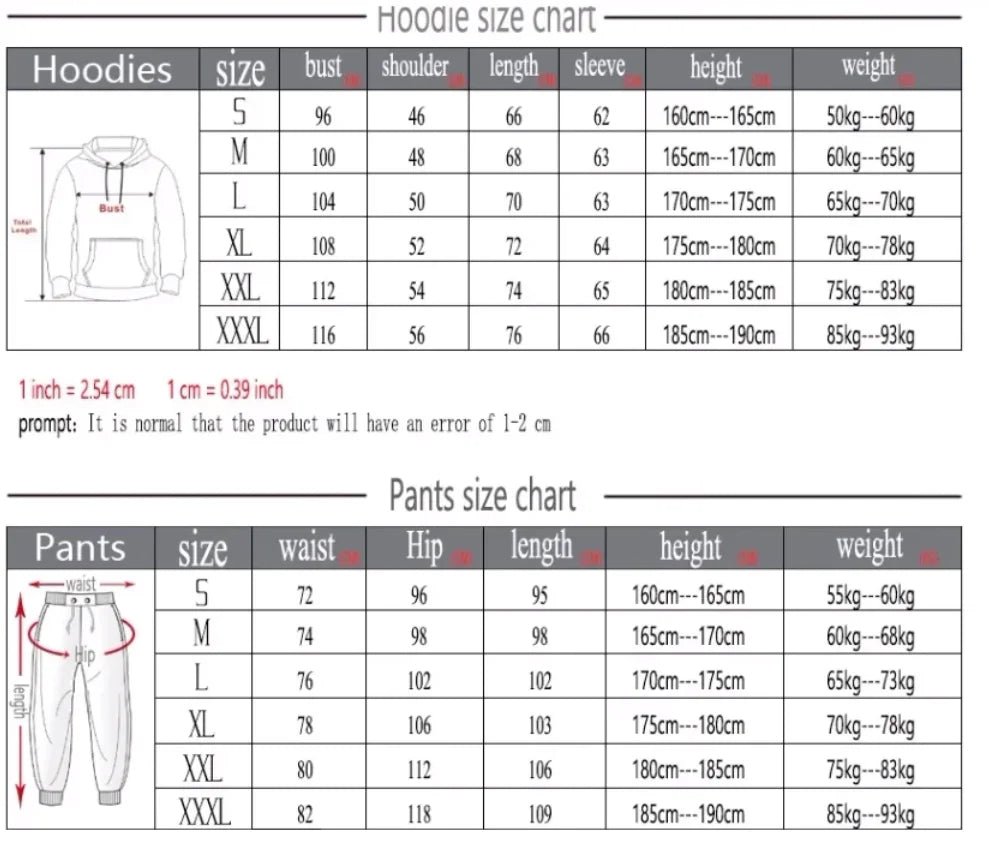 Men's Print Tracksuit Winter Casual Hoodies + Long Pants 2PCS Set and Print Hoodies Outdoor Sport Jogging Wear
