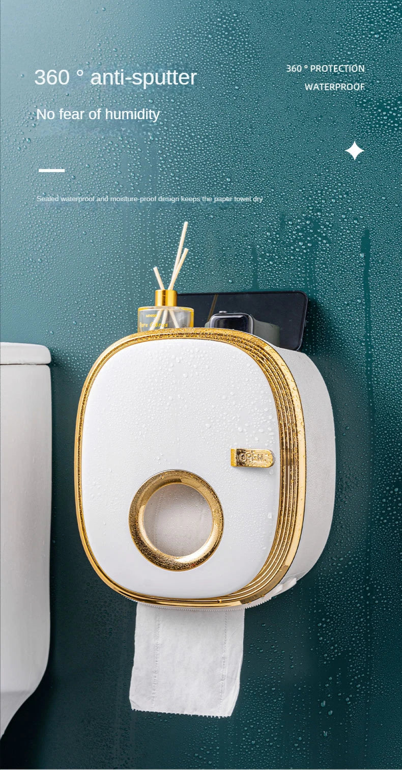 golden Bathroom Shelf Storage Box Punch-Free Wall-Mounted Toilet Paper Holder Box Waterproof Paper Towel Bathroom Storage Rack