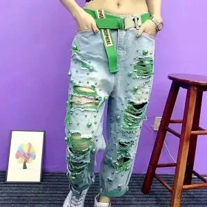 Summer Women New Fashion Beaded Holes Loose Jeans Ladies High Waist Personality Thin Denim Harem Pants Female Green Ripped Jean