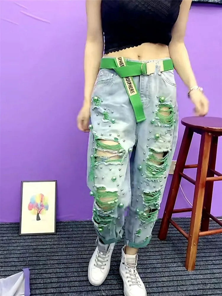 Summer Women New Fashion Beaded Holes Loose Jeans Ladies High Waist Personality Thin Denim Harem Pants Female Green Ripped Jean