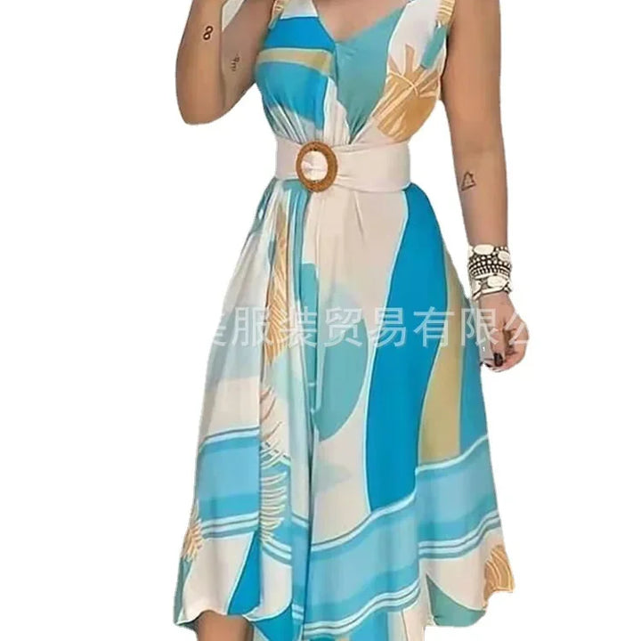 "GraceBloom Midi Dress: Elegant V-Neck Sleeveless Dress for Summer Nights"