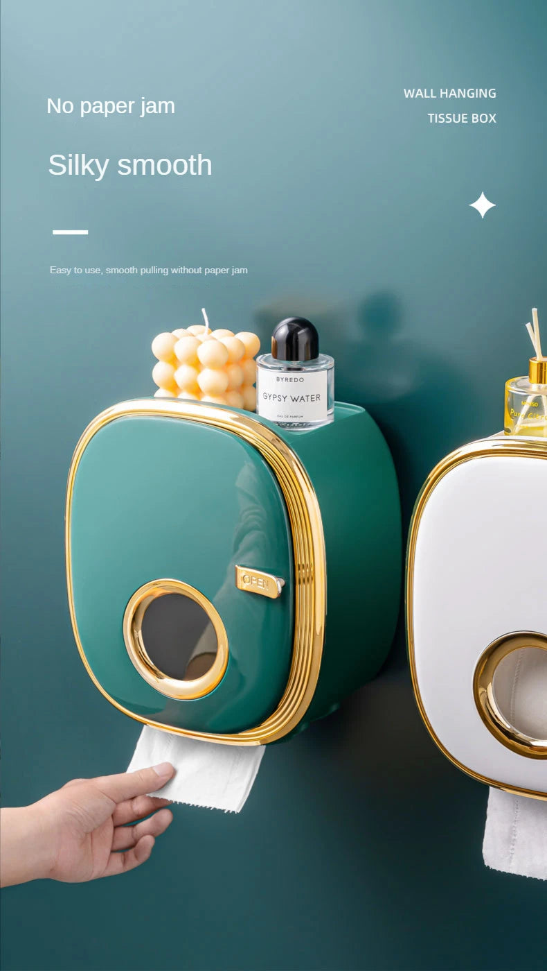 golden Bathroom Shelf Storage Box Punch-Free Wall-Mounted Toilet Paper Holder Box Waterproof Paper Towel Bathroom Storage Rack