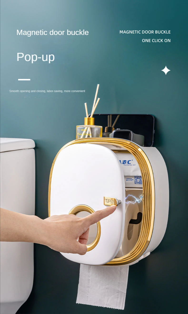 golden Bathroom Shelf Storage Box Punch-Free Wall-Mounted Toilet Paper Holder Box Waterproof Paper Towel Bathroom Storage Rack