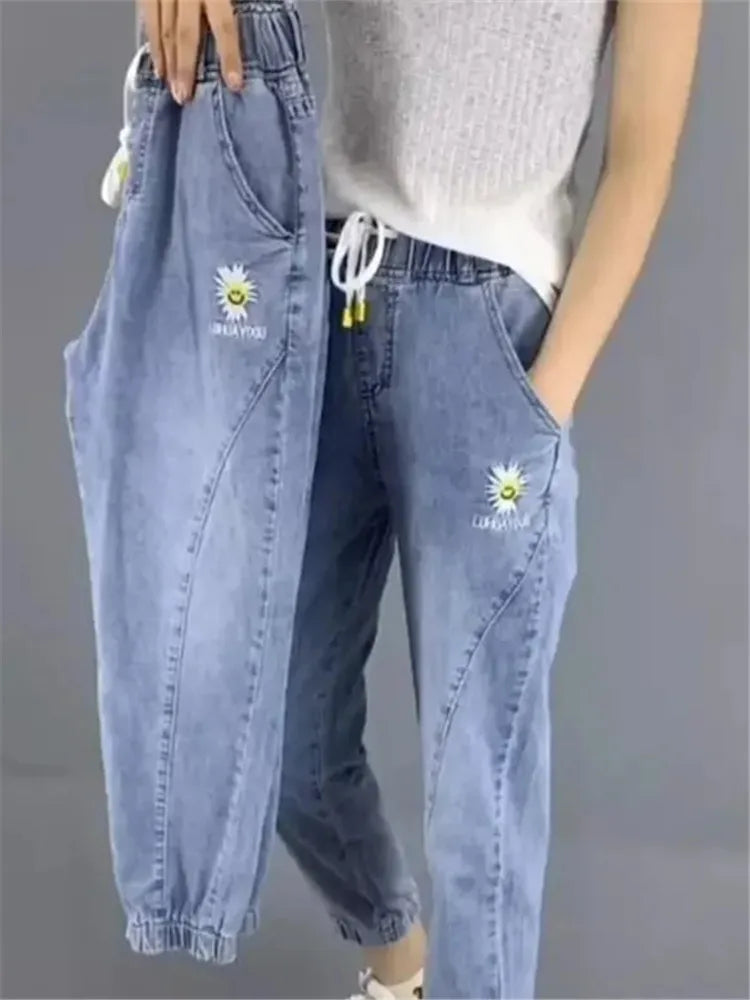 Summer Women New Fashion Beaded Holes Loose Jeans Ladies High Waist Personality Thin Denim Harem Pants Female Green Ripped Jean