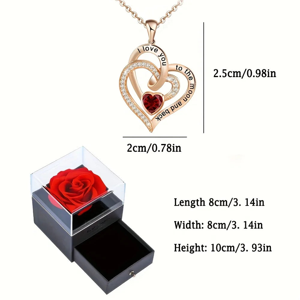 Luxury Love Heart Zircon Necklace With Rose Flower Gifts Box For Women Girlfriends 2024 New Fashion Valentine Jewelry Gift