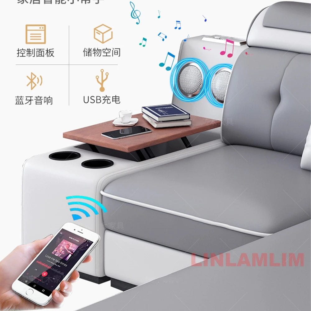 Sofa Set with Chaise Lounge, Bluetooth Speakers, and USB Charging Ports for Living Room