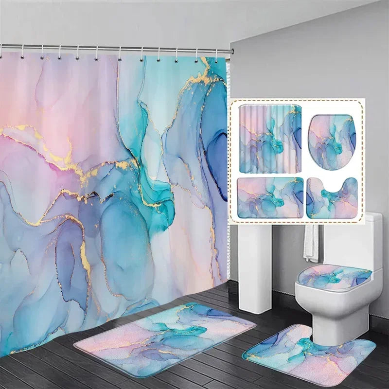 Marble free flow metal swirl texture shower curtain rug set natural luxury abstract fluid texture waterproof shower curtains set